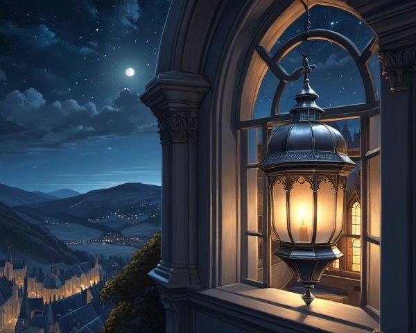 Serene Night Scene with Lantern and Starry Sky