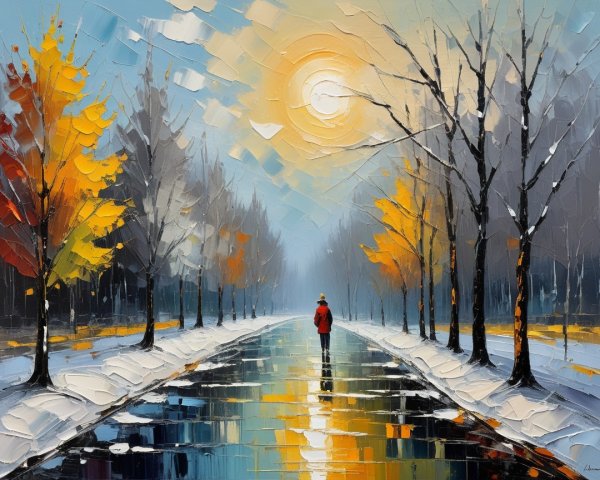 Serene winter scene with snow-covered pathway and trees