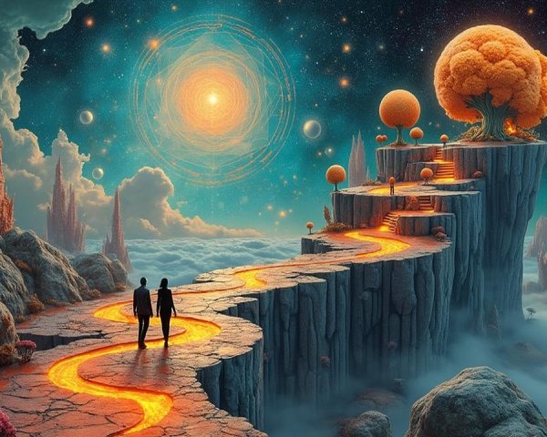 Surreal Landscape with Lava Path and Celestial Sky