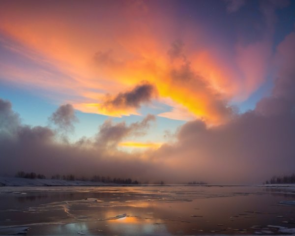 Serene Winter Landscape with Tranquil River and Sunset