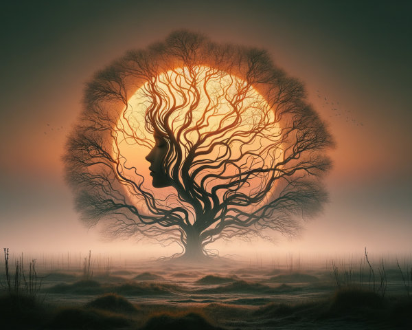 Mystical tree silhouette at sunset with ethereal mist