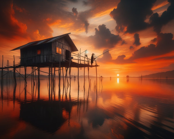 Stilted House at Sunset Over Calm Waters