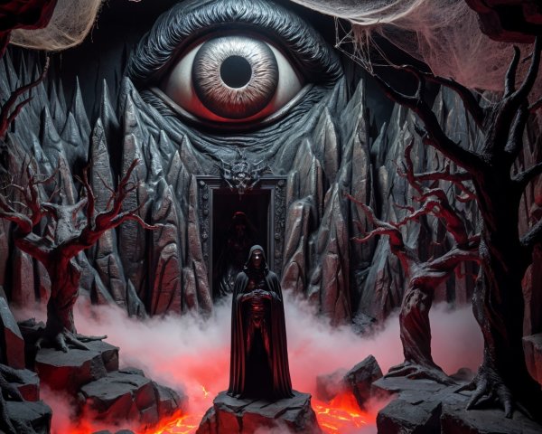 Ominous Eye in Dark Cavern with Lava and Fog