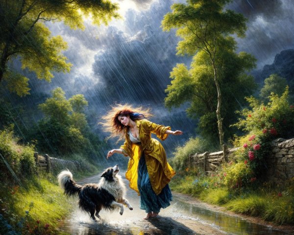 Joyful Woman in Yellow Coat Running with Collie in Rain