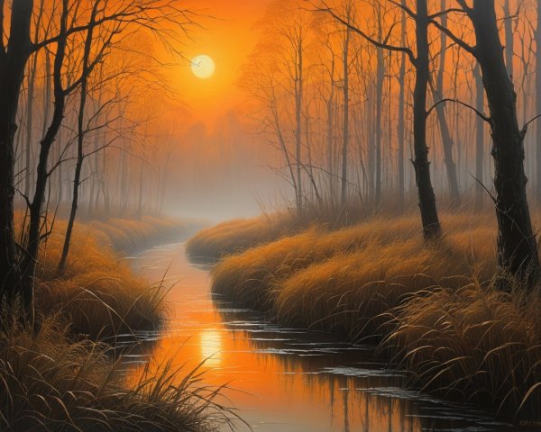 Serene Dusk Landscape with Stream and Mist