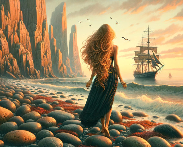Coastal Scene with Woman, Ship, and Sunset Cliffs