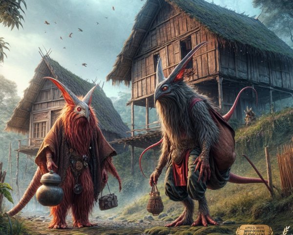 Whimsical Creatures in a Mystical Landscape Scene