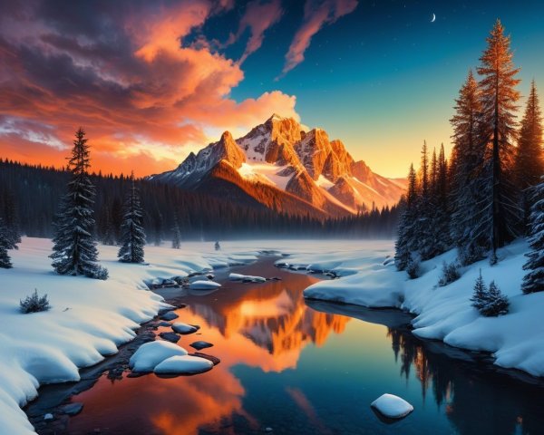 Serene Winter Landscape with Snow-Capped Mountains