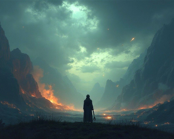 Silhouetted Figure in Dramatic Mountain Landscape