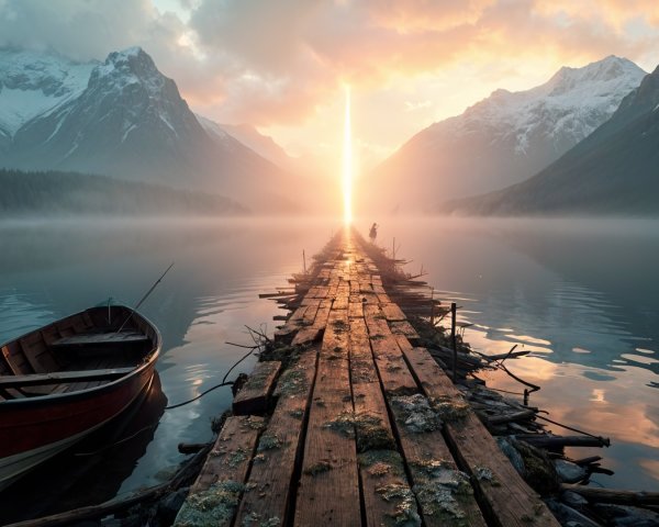 Serene Landscape with Pier and Majestic Mountains