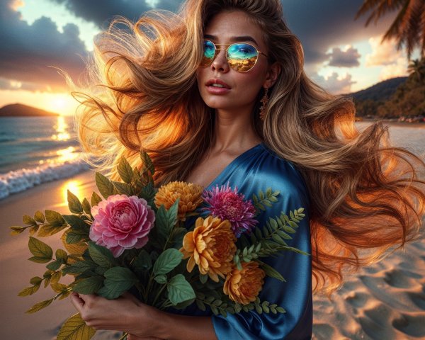 Woman in flowing gown with flowers at sunset beach