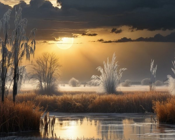 Serene Dawn Landscape with Reflective Waterway