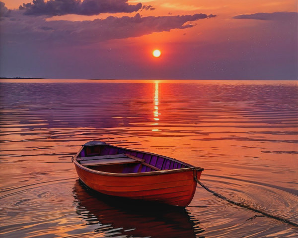 Serene Sunset Over Calm Waters with Wooden Boat