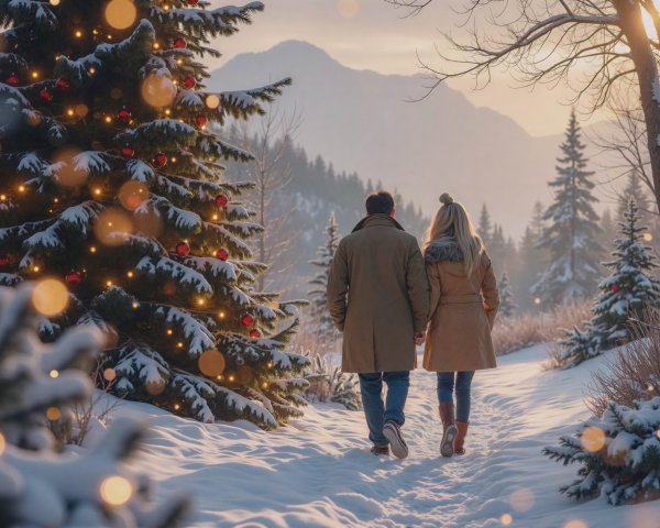 Couple Walking on Snowy Path with Christmas Tree