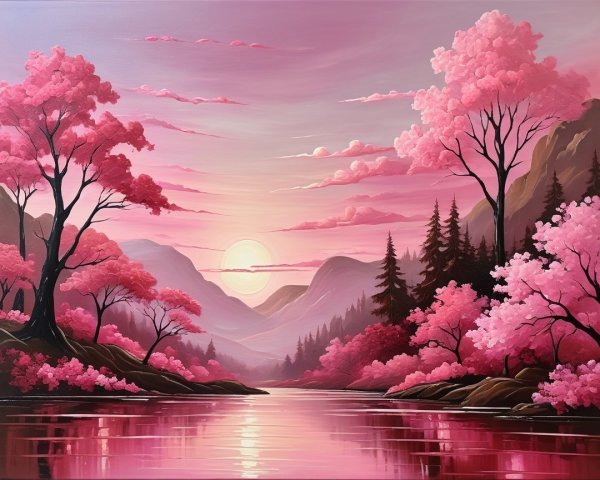 Tranquil River and Cherry Blossoms at Sunset