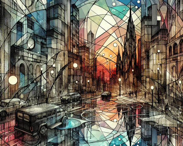 Vibrant Abstract Cityscape at Sunset with Skyscrapers