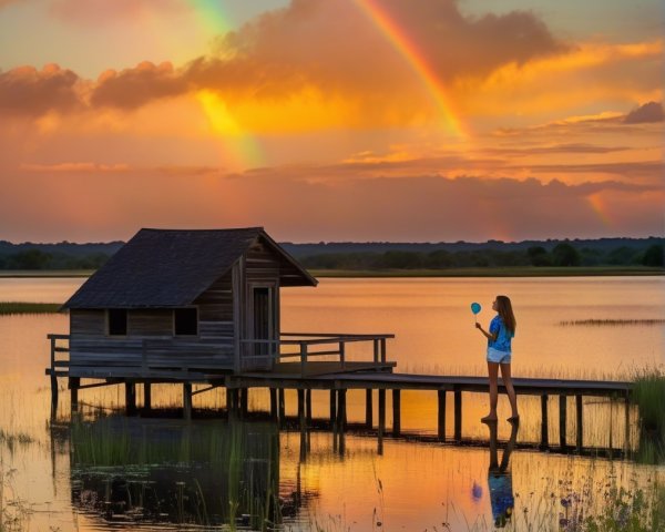 Lakeside Cabin with Rainbow at Sunset Reflection
