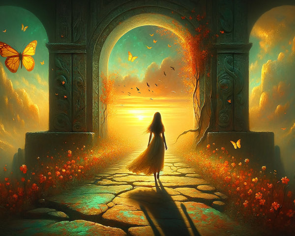 Serene Figure at Ornate Archway with Sunset and Butterflies