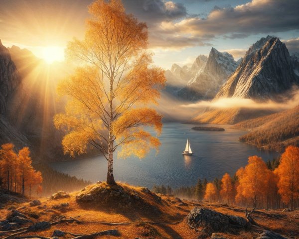 Autumn Landscape with Tree, Lake, and Mountains