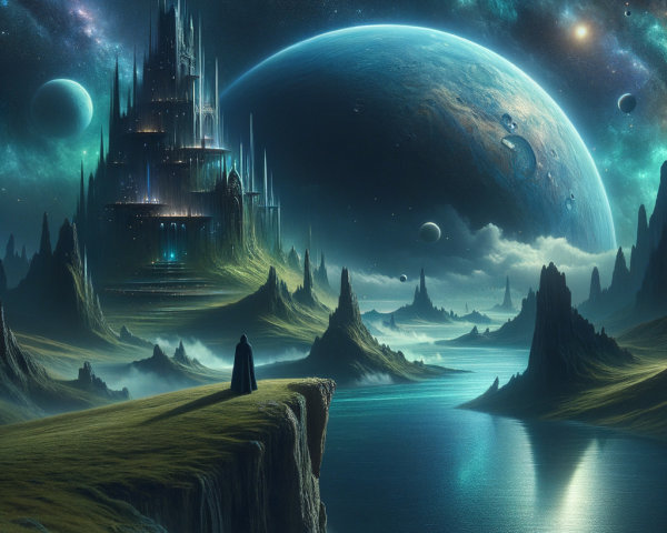 Mysterious Landscape with Castle and Starry Sky