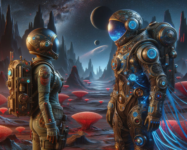 Astronauts in a Vibrant Alien Landscape with Galaxies