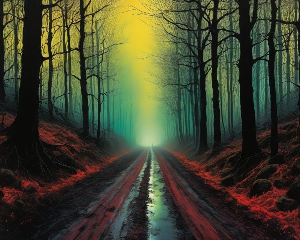 Misty Forest Road with Leafless Trees and Eerie Light