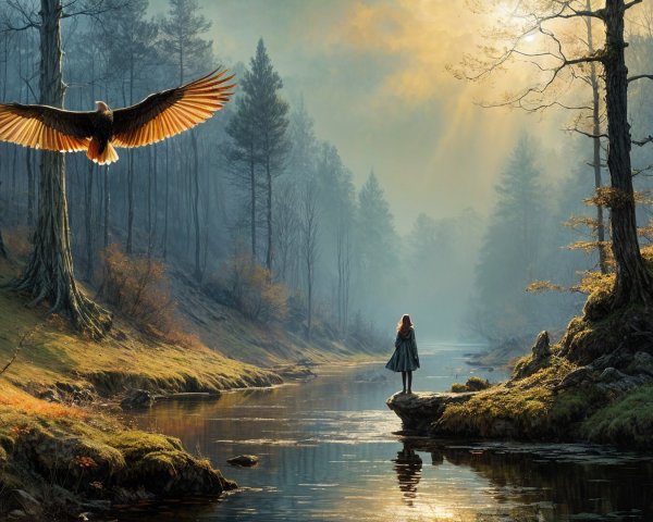 Serene Forest Scene with Girl and Soaring Eagle
