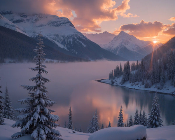 Serene Winter Landscape with Reflective Lake and Mountains