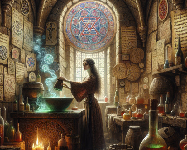 Alchemist's Lab with Glowing Cauldron and Potions