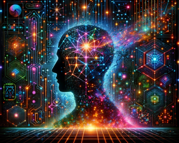 Silhouetted Head with Cosmic Colors and Geometric Patterns