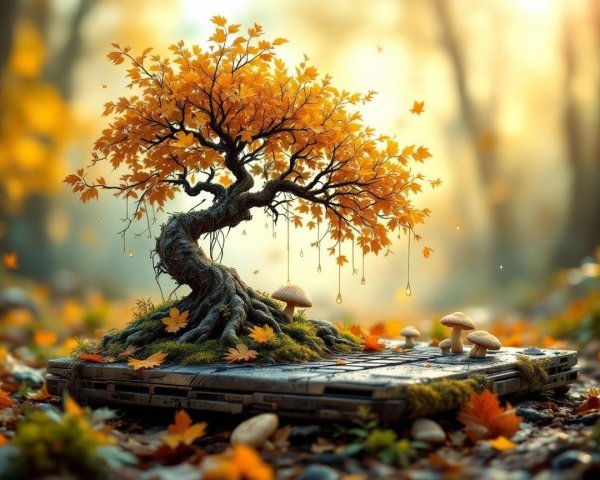 Whimsical Tree with Autumn Leaves on Weathered Book