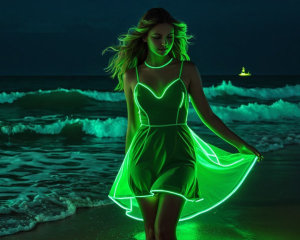 Young woman in glowing dress by ocean at twilight