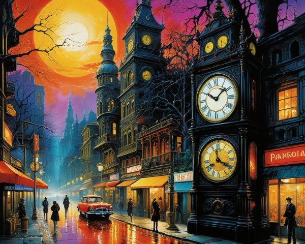 Twilight City Street with Gothic Buildings and Moonlight