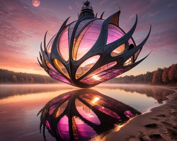 Surreal Futuristic Flower Structure Above Tranquil Lake