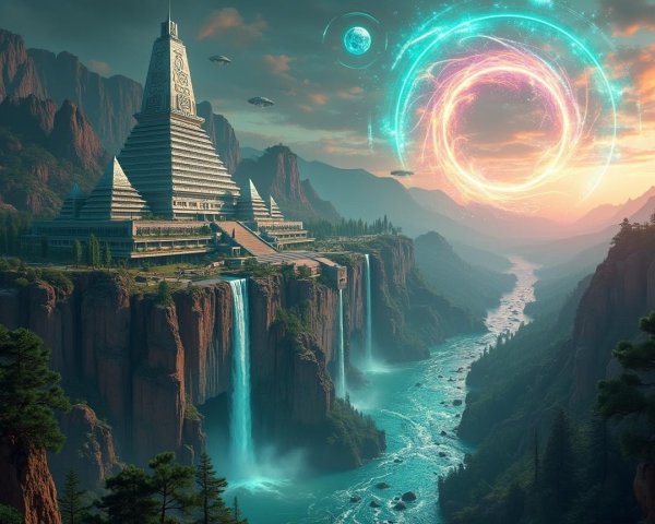 Majestic temple in a surreal mountain landscape