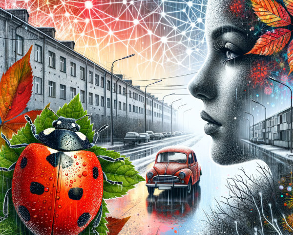 Surreal Urban Scene with Nature and Colorful Elements