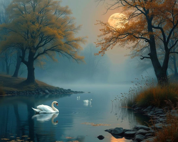 Serene Dawn Landscape with Misty Lake and Autumn Trees