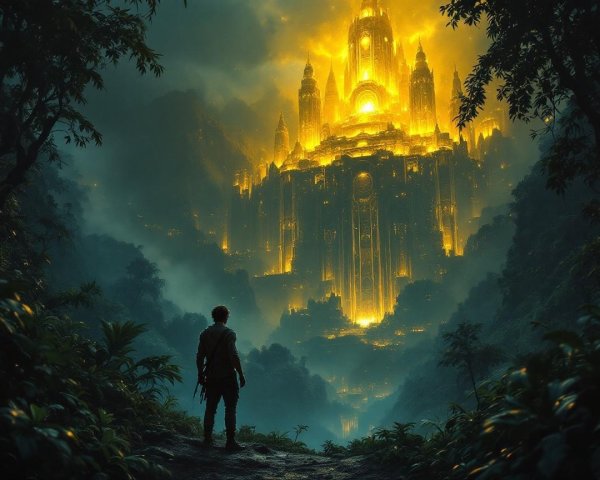 Lone Figure Overlooks Golden City by Mystical Forest