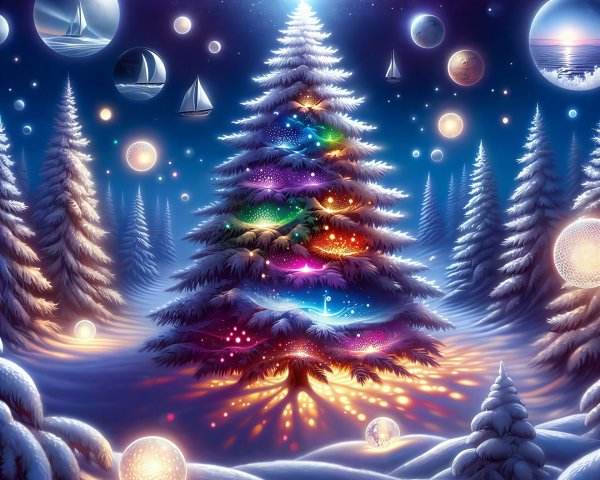 Snowy Night Landscape with Colorful Christmas Tree