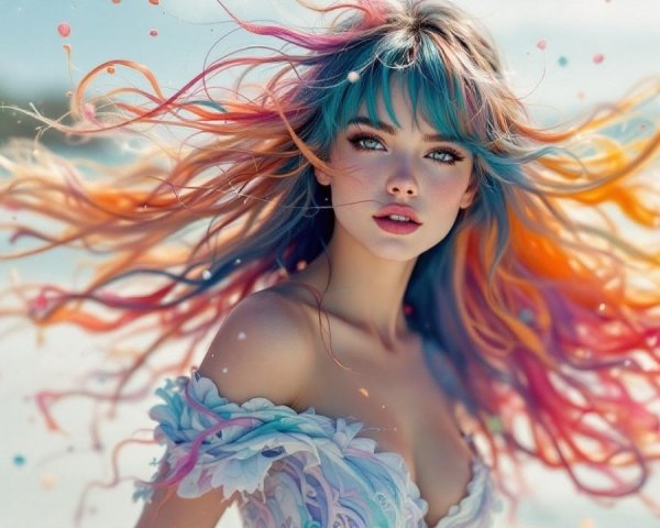 Young woman in colorful backdrop with flowing hair