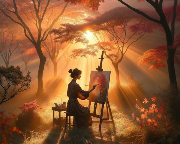 Autumn Landscape with Woman Painting in Forest