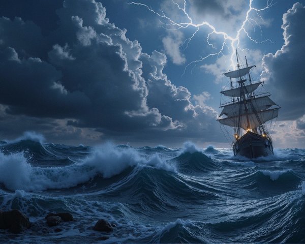 Ship Navigating Stormy Seas with Lightning and Waves