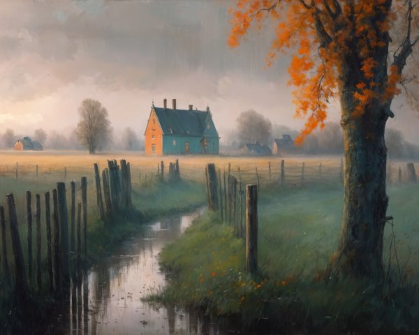 Serene Countryside Scene with Farmhouse and Stream