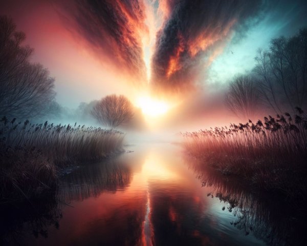 Serene Dawn Landscape with River and Dramatic Sky