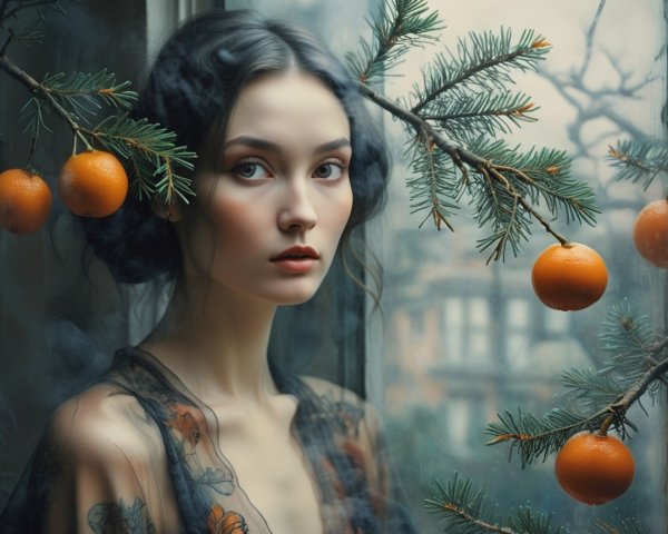 Young Woman Gazing from a Window Surrounded by Oranges