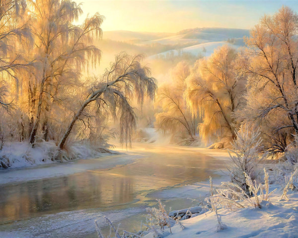 Serene Winter Landscape with Frozen River and Sunrise