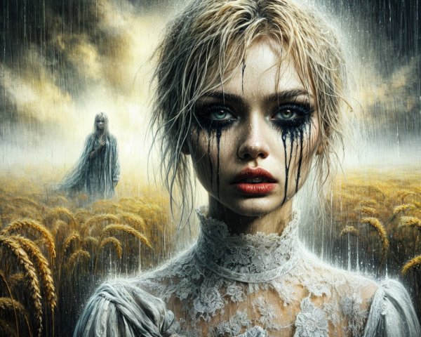 Ethereal Landscape with Sorrowful Woman in Wheat Fields