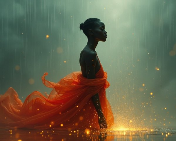 Silhouette of a Woman in Flowing Orange Fabric