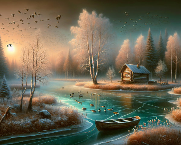 Serene winter landscape with cabin and frozen river