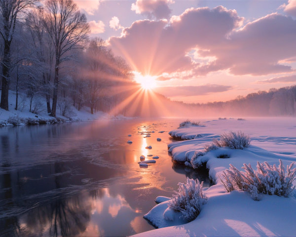Serene Winter Landscape with Calm River at Sunset